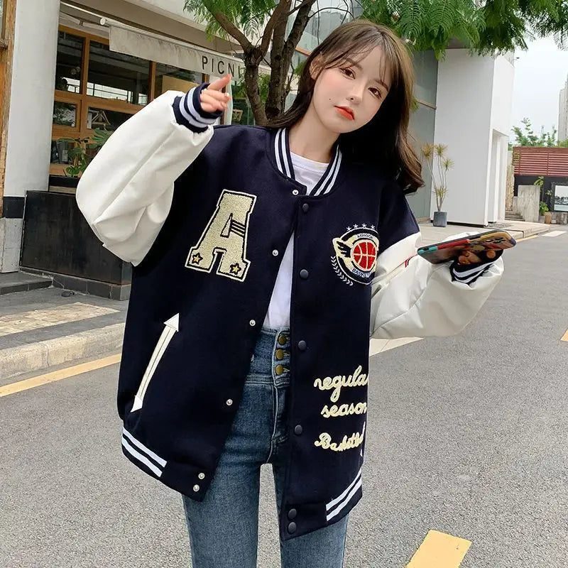 American Retro Letter Flocking Embroidered Baseball Uniform Female Y2K Punk Street Motorcycle Harajuku Wind Student Loose Coats