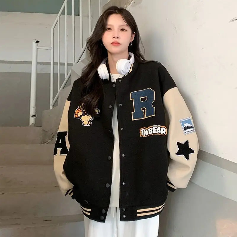 American Retro Letter Flocking Embroidered Baseball Uniform Female Y2K Punk Street Motorcycle Harajuku Wind Student Loose Coats