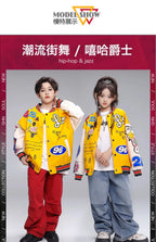 Kid Hip Hop Clothing Yellow Print Baseball Jacket Casual Ruched Red Pants Denim Jeans for Girl Boy Jazz Dance Costumes Clothes