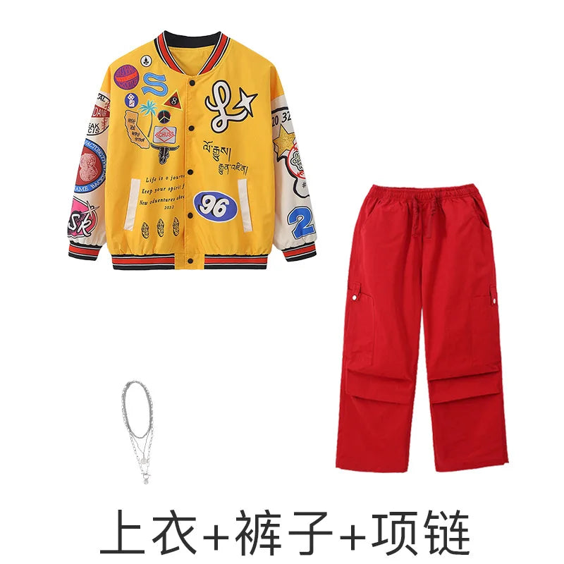 Kid Hip Hop Clothing Yellow Print Baseball Jacket Casual Ruched Red Pants Denim Jeans for Girl Boy Jazz Dance Costumes Clothes