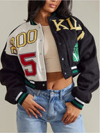Retro Sport Letter Print Flight Jacket Women Short Casual Fashion Street Style Coat round Neck Full Sleeve Loose Fit Jacket
