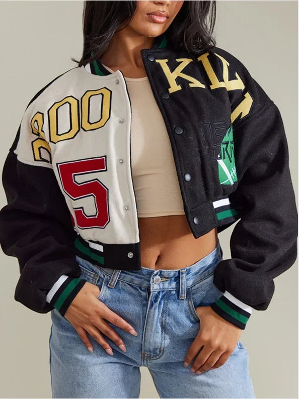 Retro Sport Letter Print Flight Jacket Women Short Casual Fashion Street Style Coat round Neck Full Sleeve Loose Fit Jacket