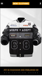 American Retro Racing Jacket Men's Biker Sleeve PU Leather Color Block Workwear Windproof Casual Loose Fit Long Sleeve Coat