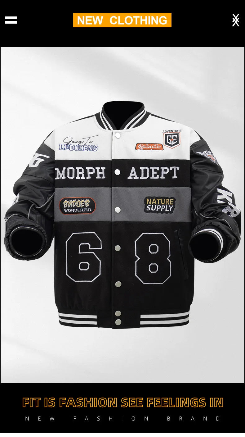 American Retro Racing Jacket Men's Biker Sleeve PU Leather Color Block Workwear Windproof Casual Loose Fit Long Sleeve Coat