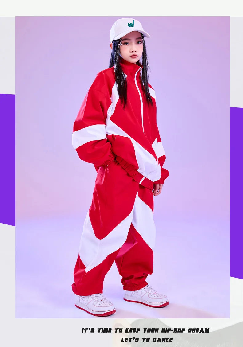 Kid Hip Hop Clothing Red White Color Block Windbreaker Jacket Casual Jogger Pants for Girl Boy Jazz Dance Wear Costumes Clothes