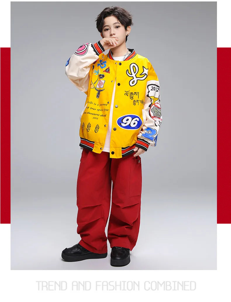 Kid Hip Hop Clothing Yellow Print Baseball Jacket Casual Ruched Red Pants Denim Jeans for Girl Boy Jazz Dance Costumes Clothes