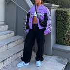 Autumn Casual Letter Print Jacket Women Hip Hop Purple Long Sleeve Zip Up Coat Streetwear Y2k Trend Outfit Loose Varsity Jackets