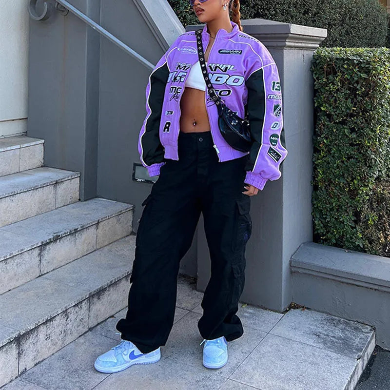 Autumn Casual Letter Print Jacket Women Hip Hop Purple Long Sleeve Zip Up Coat Streetwear Y2k Trend Outfit Loose Varsity Jackets