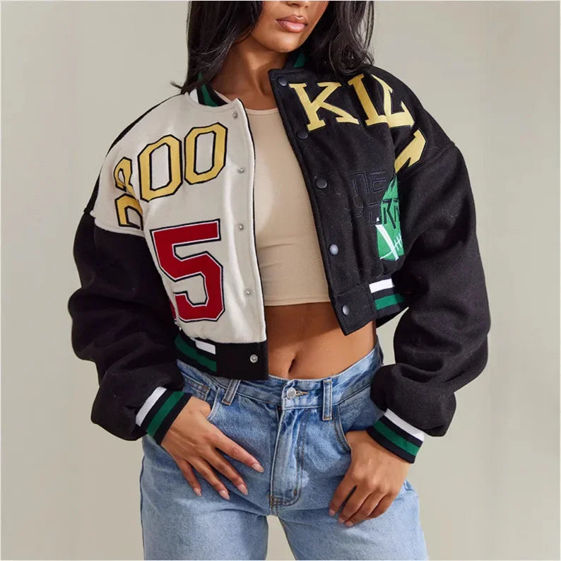 Retro Sport Letter Print Flight Jacket Women Short Casual Fashion Street Style Coat round Neck Full Sleeve Loose Fit Jacket
