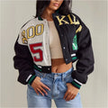 Retro Sport Letter Print Flight Jacket Women Short Casual Fashion Street Style Coat round Neck Full Sleeve Loose Fit Jacket
