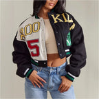 Retro Sport Letter Print Flight Jacket Women Short Casual Fashion Street Style Coat round Neck Full Sleeve Loose Fit Jacket