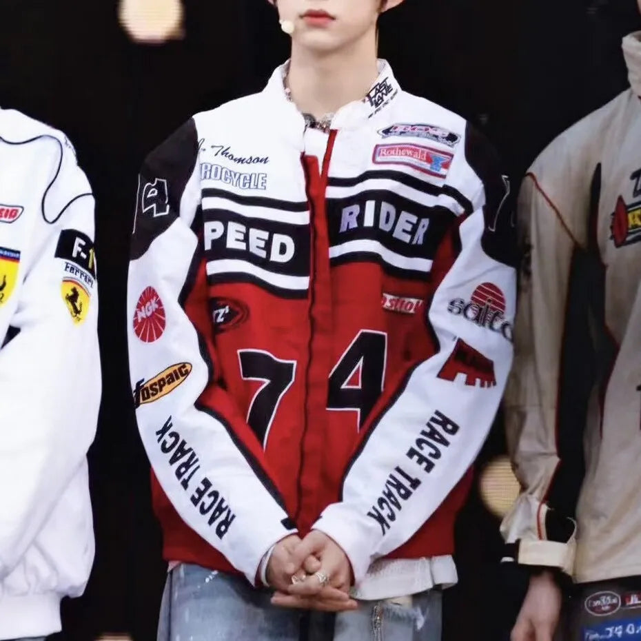 Retro American Racing Jacket Motorcycle Loose Fit Street Style Trendy Outerwear for Men And Women Color Block Baseball Shirt