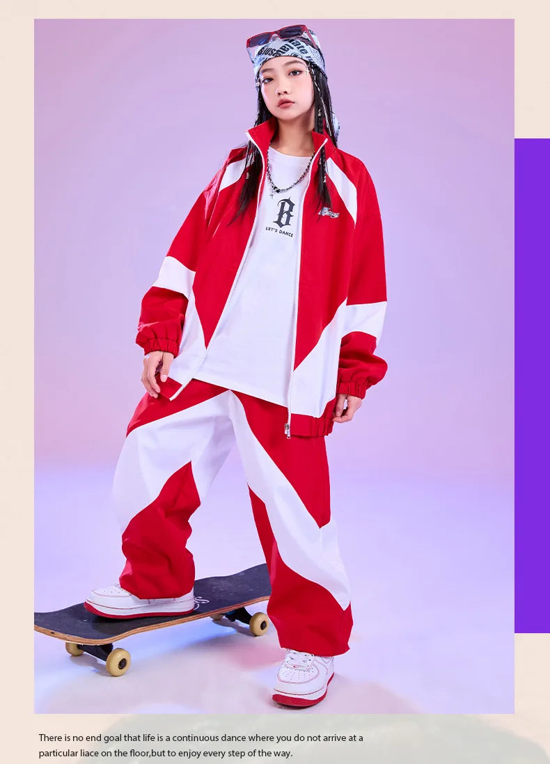 Kid Hip Hop Clothing Red White Color Block Windbreaker Jacket Casual Jogger Pants for Girl Boy Jazz Dance Wear Costumes Clothes