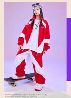 Kid Hip Hop Clothing Red White Color Block Windbreaker Jacket Casual Jogger Pants for Girl Boy Jazz Dance Wear Costumes Clothes