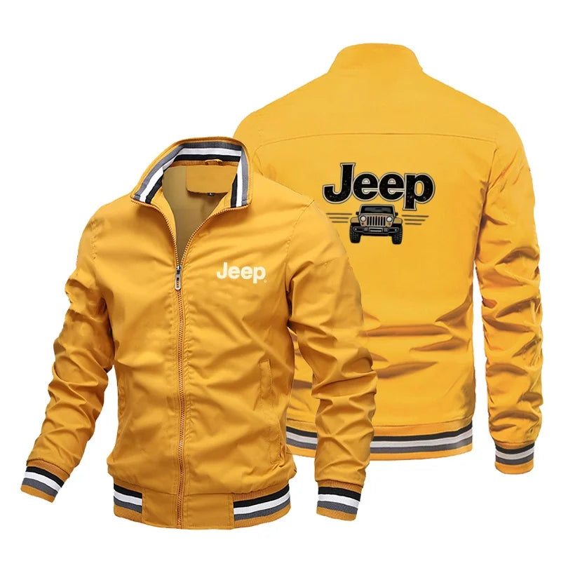 Men's Fashion Jeep Style Bomber Jacket Casual Striped Trim Zipper Up Windbreaker Streetwear Hip Hop Loose Fit Coat for Male