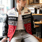 American Retro Racing Jacket Men's Biker Sleeve PU Leather Color Block Workwear Windproof Casual Loose Fit Long Sleeve Coat