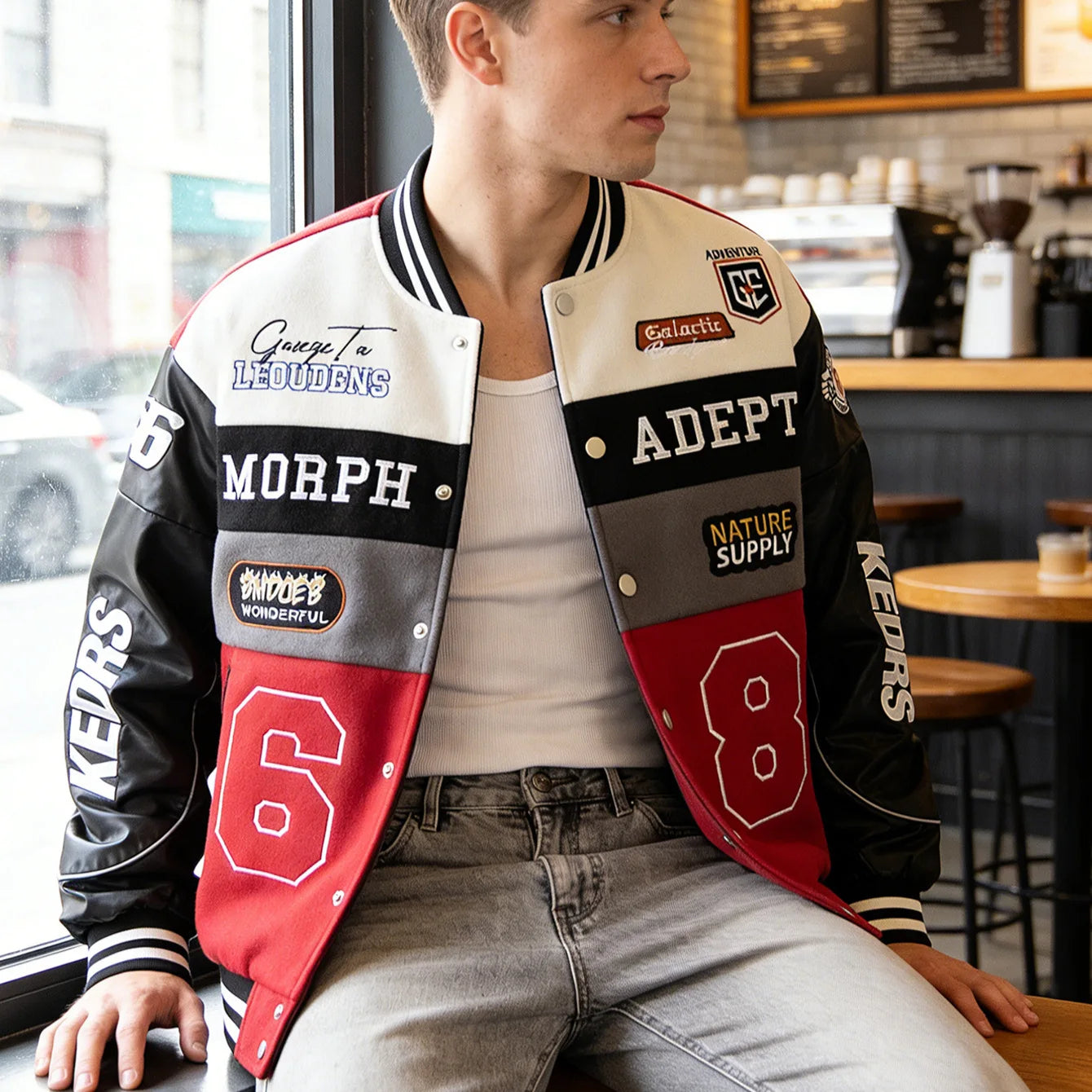 American Retro Racing Jacket Men's Biker Sleeve PU Leather Color Block Workwear Windproof Casual Loose Fit Long Sleeve Coat