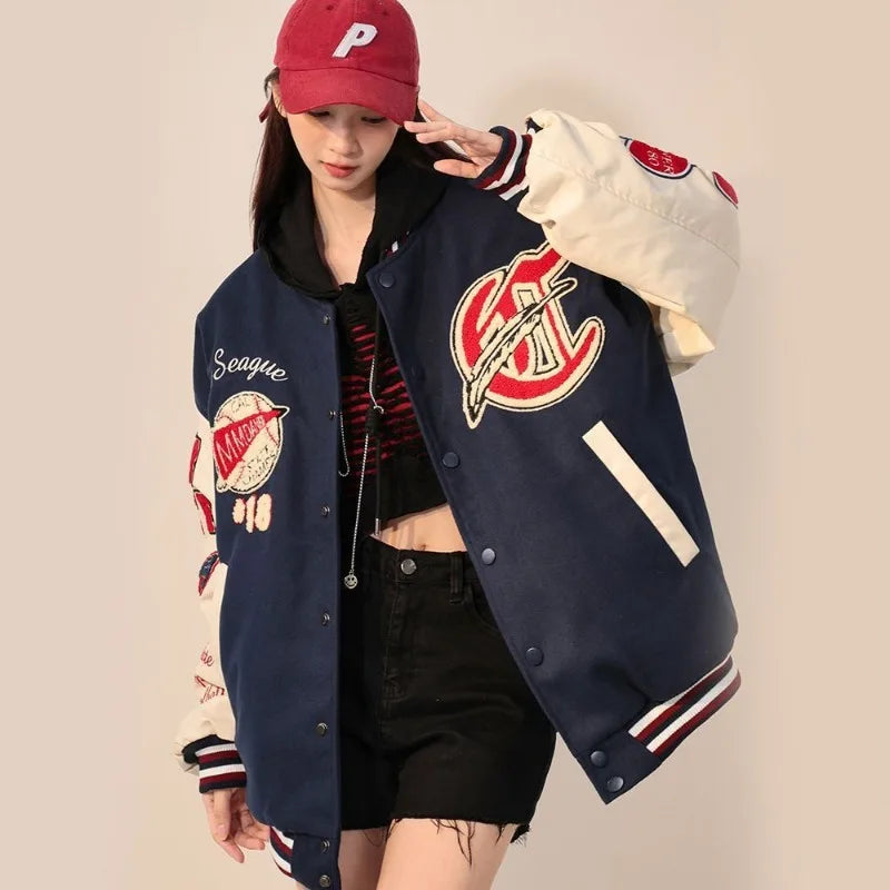 American Retro Letter Flocking Embroidered Baseball Uniform Female Y2K Punk Street Motorcycle Harajuku Wind Student Loose Coats