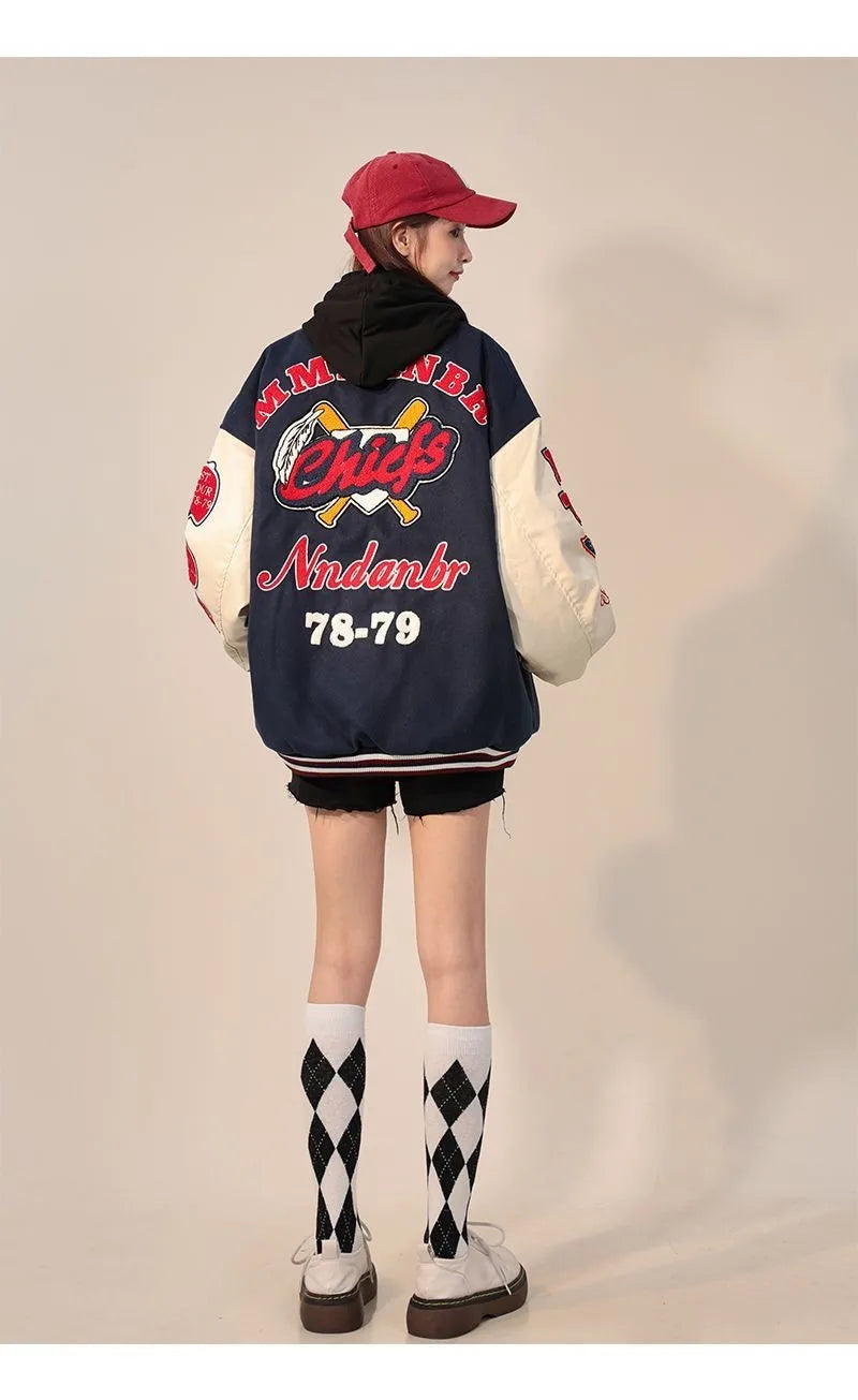 American Retro Letter Flocking Embroidered Baseball Uniform Female Y2K Punk Street Motorcycle Harajuku Wind Student Loose Coats