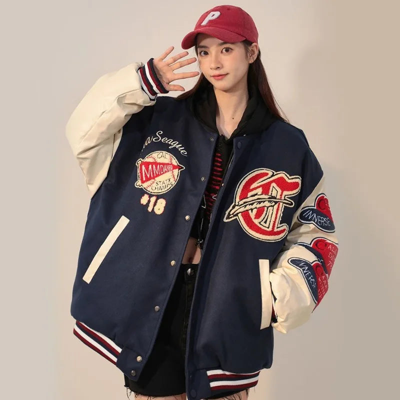 American Retro Letter Flocking Embroidered Baseball Uniform Female Y2K Punk Street Motorcycle Harajuku Wind Student Loose Coats