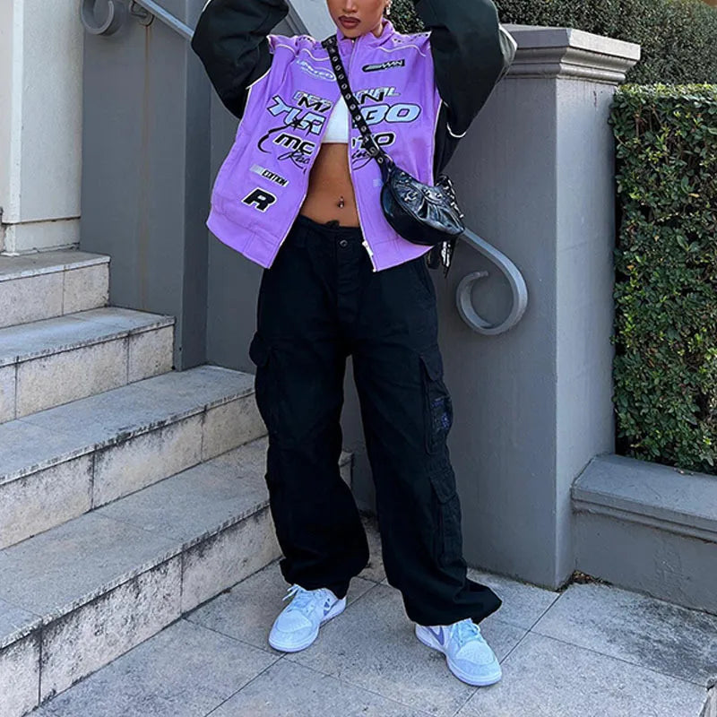 Autumn Casual Letter Print Jacket Women Hip Hop Purple Long Sleeve Zip Up Coat Streetwear Y2k Trend Outfit Loose Varsity Jackets