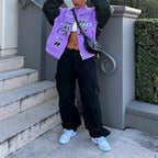 Autumn Casual Letter Print Jacket Women Hip Hop Purple Long Sleeve Zip Up Coat Streetwear Y2k Trend Outfit Loose Varsity Jackets