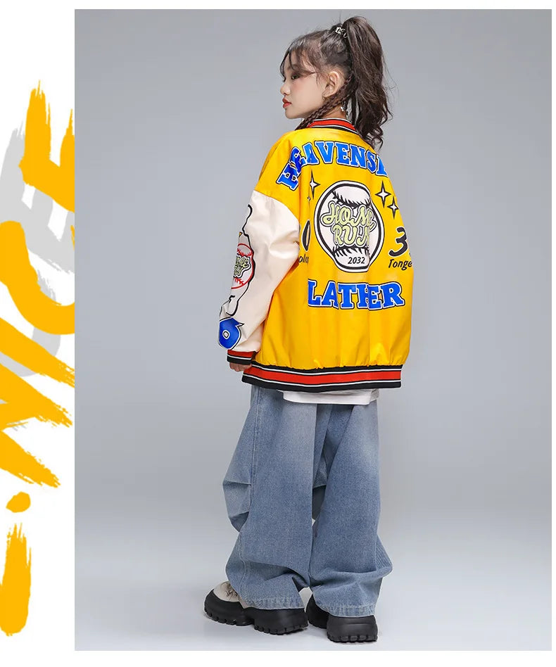 Kid Hip Hop Clothing Yellow Print Baseball Jacket Casual Ruched Red Pants Denim Jeans for Girl Boy Jazz Dance Costumes Clothes