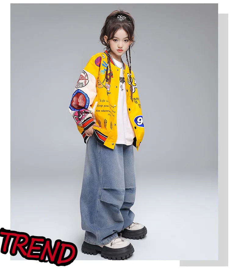 Kid Hip Hop Clothing Yellow Print Baseball Jacket Casual Ruched Red Pants Denim Jeans for Girl Boy Jazz Dance Costumes Clothes