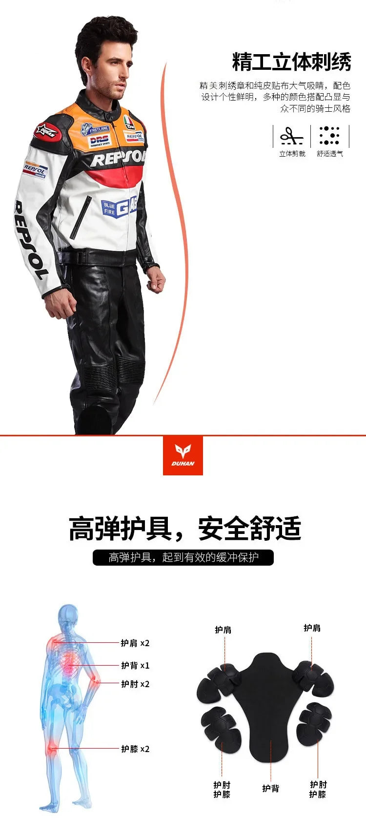 DUHAN Men's Motocross Motorcycle Jacket Moto Racing Jacket REPSOL PU Leather Motorbike Jackets Clothing Clothes Coat Windproof