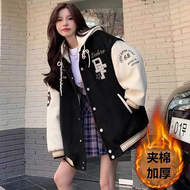 American Retro Letter Flocking Embroidered Baseball Uniform Female Y2K Punk Street Motorcycle Harajuku Wind Student Loose Coats