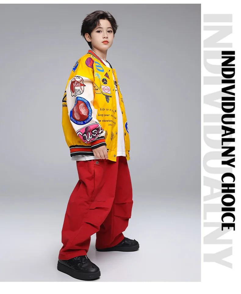 Kid Hip Hop Clothing Yellow Print Baseball Jacket Casual Ruched Red Pants Denim Jeans for Girl Boy Jazz Dance Costumes Clothes