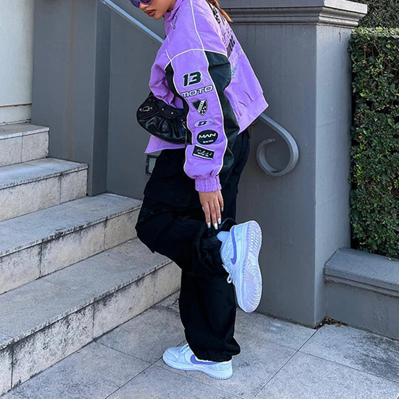 Autumn Casual Letter Print Jacket Women Hip Hop Purple Long Sleeve Zip Up Coat Streetwear Y2k Trend Outfit Loose Varsity Jackets