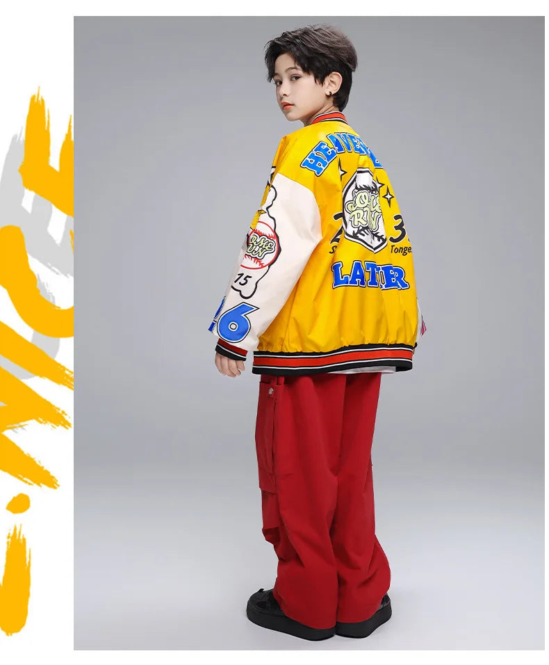 Kid Hip Hop Clothing Yellow Print Baseball Jacket Casual Ruched Red Pants Denim Jeans for Girl Boy Jazz Dance Costumes Clothes