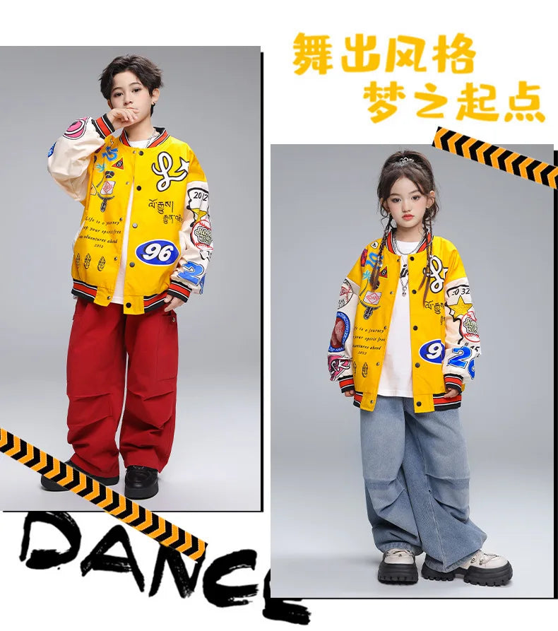 Kid Hip Hop Clothing Yellow Print Baseball Jacket Casual Ruched Red Pants Denim Jeans for Girl Boy Jazz Dance Costumes Clothes