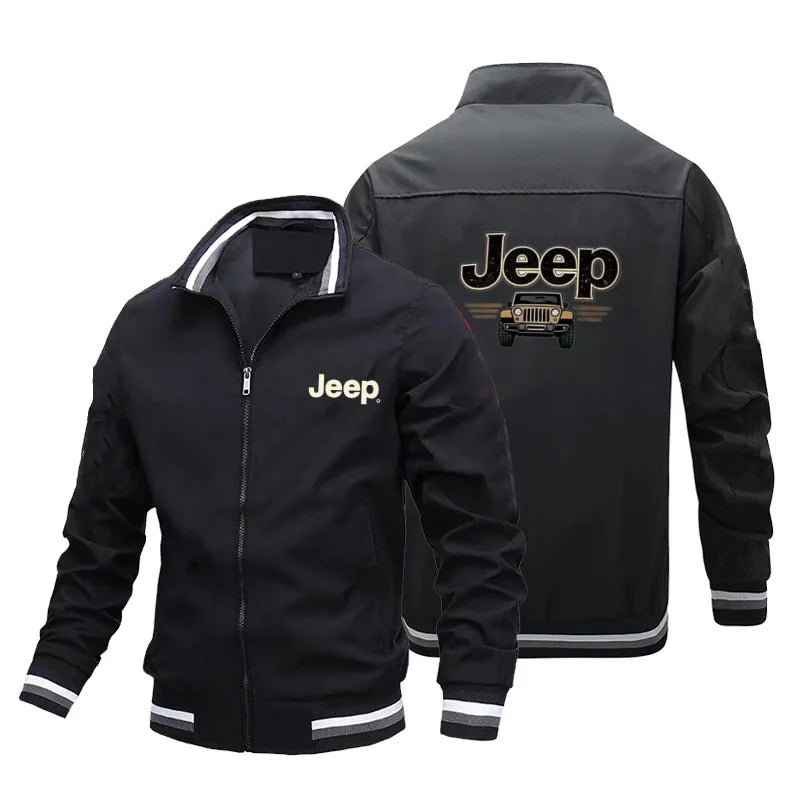 Men's Fashion Jeep Style Bomber Jacket Casual Striped Trim Zipper Up Windbreaker Streetwear Hip Hop Loose Fit Coat for Male