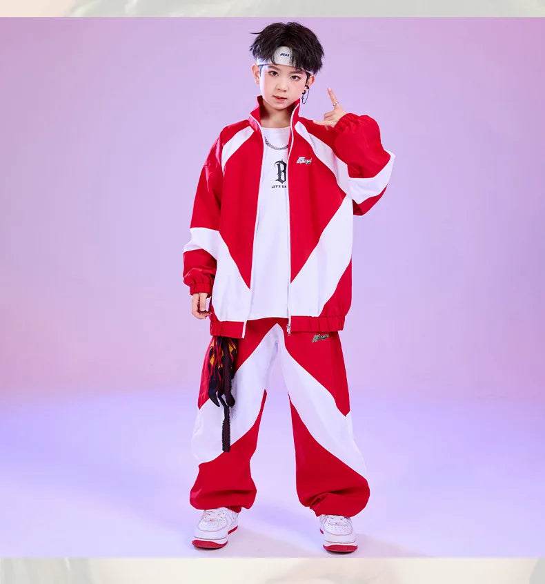Kid Hip Hop Clothing Red White Color Block Windbreaker Jacket Casual Jogger Pants for Girl Boy Jazz Dance Wear Costumes Clothes