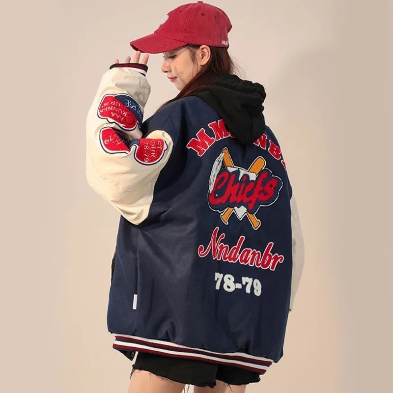 American Retro Letter Flocking Embroidered Baseball Uniform Female Y2K Punk Street Motorcycle Harajuku Wind Student Loose Coats