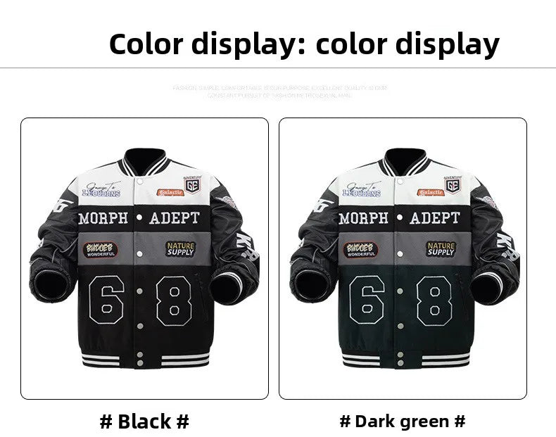 American Retro Racing Jacket Men's Biker Sleeve PU Leather Color Block Workwear Windproof Casual Loose Fit Long Sleeve Coat