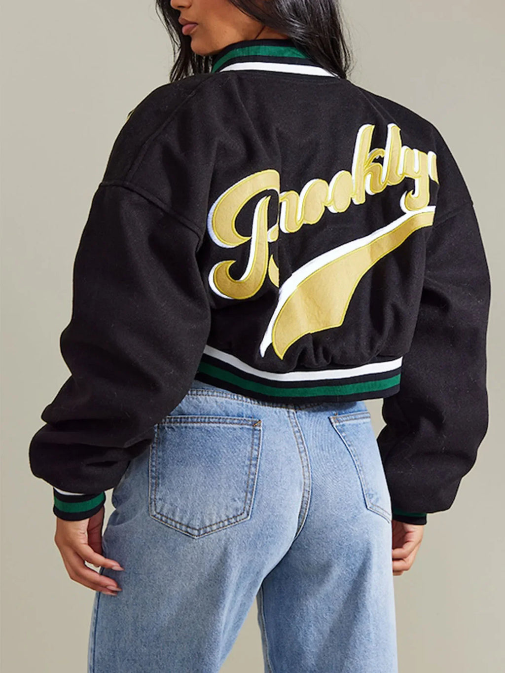 Retro Sport Letter Print Flight Jacket Women Short Casual Fashion Street Style Coat round Neck Full Sleeve Loose Fit Jacket