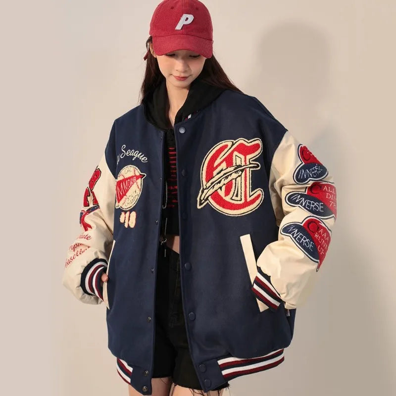 American Retro Letter Flocking Embroidered Baseball Uniform Female Y2K Punk Street Motorcycle Harajuku Wind Student Loose Coats