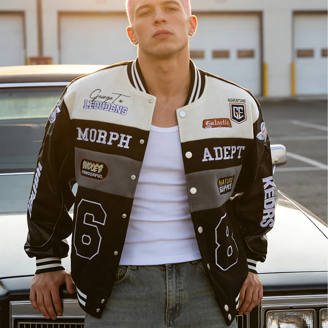 American Retro Racing Jacket Men's Biker Sleeve PU Leather Color Block Workwear Windproof Casual Loose Fit Long Sleeve Coat