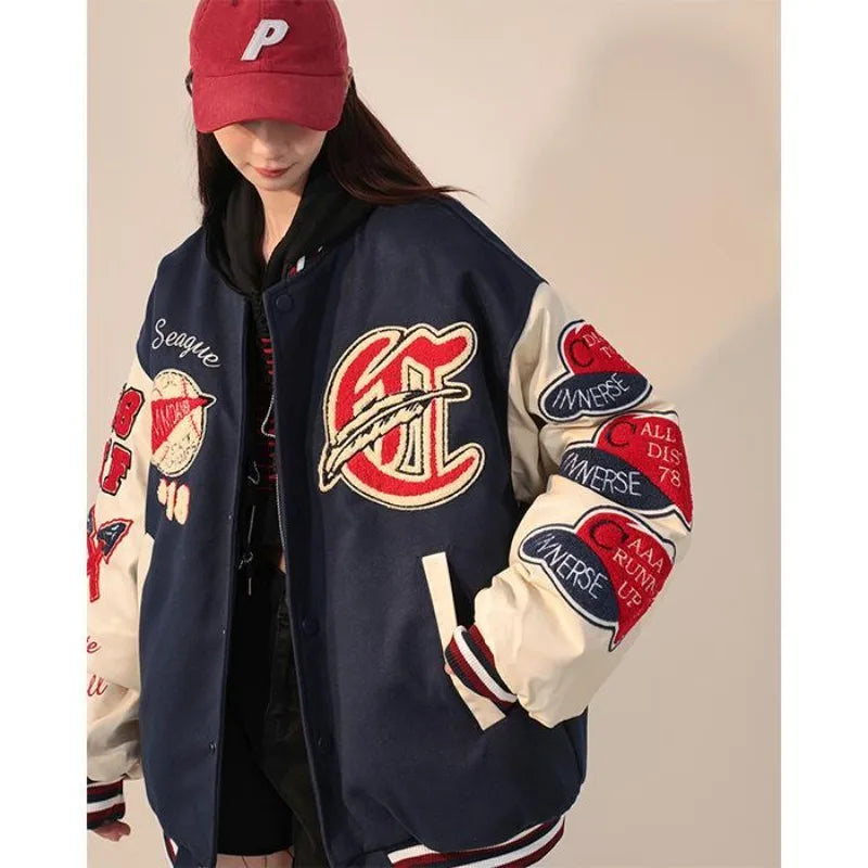 American Retro Letter Flocking Embroidered Baseball Uniform Female Y2K Punk Street Motorcycle Harajuku Wind Student Loose Coats