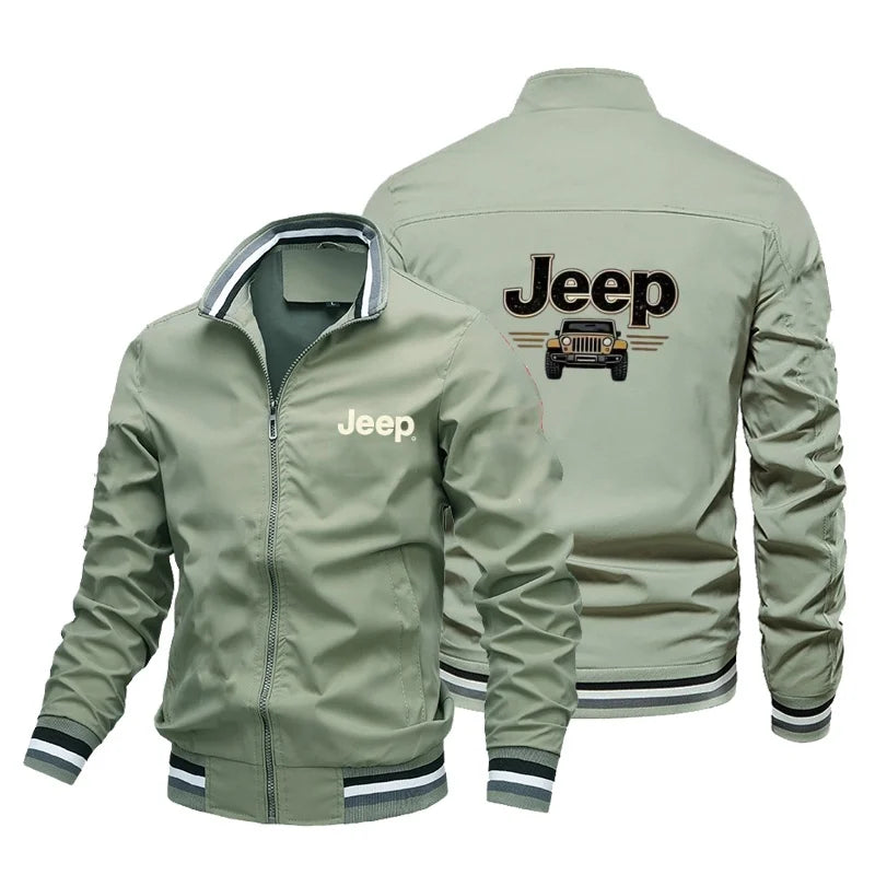 Men's Fashion Jeep Style Bomber Jacket Casual Striped Trim Zipper Up Windbreaker Streetwear Hip Hop Loose Fit Coat for Male