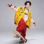 Kid Hip Hop Clothing Yellow Print Baseball Jacket Casual Ruched Red Pants Denim Jeans for Girl Boy Jazz Dance Costumes Clothes
