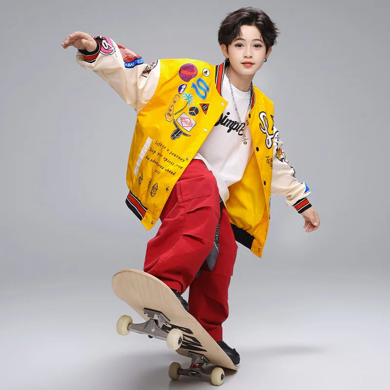 Kid Hip Hop Clothing Yellow Print Baseball Jacket Casual Ruched Red Pants Denim Jeans for Girl Boy Jazz Dance Costumes Clothes