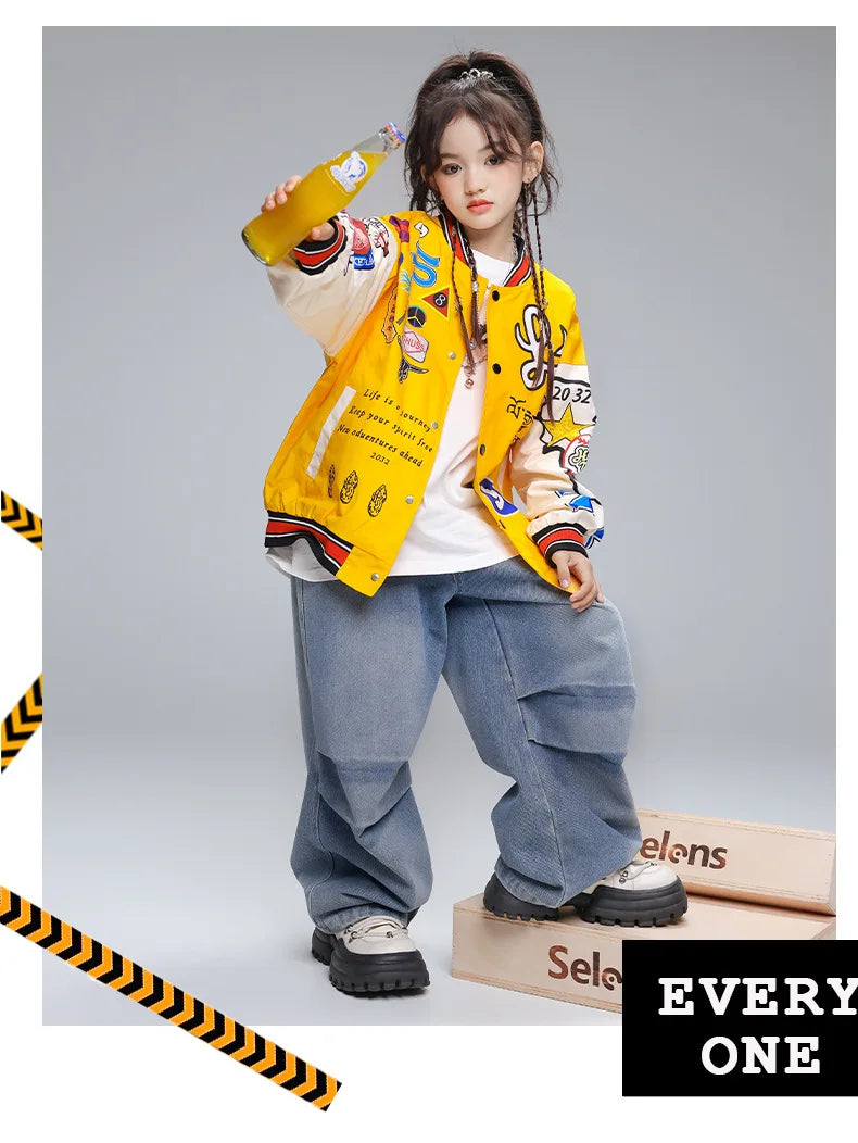 Kid Hip Hop Clothing Yellow Print Baseball Jacket Casual Ruched Red Pants Denim Jeans for Girl Boy Jazz Dance Costumes Clothes