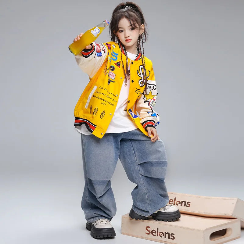 Kid Hip Hop Clothing Yellow Print Baseball Jacket Casual Ruched Red Pants Denim Jeans for Girl Boy Jazz Dance Costumes Clothes