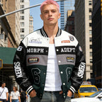 American Retro Racing Jacket Men's Biker Sleeve PU Leather Color Block Workwear Windproof Casual Loose Fit Long Sleeve Coat
