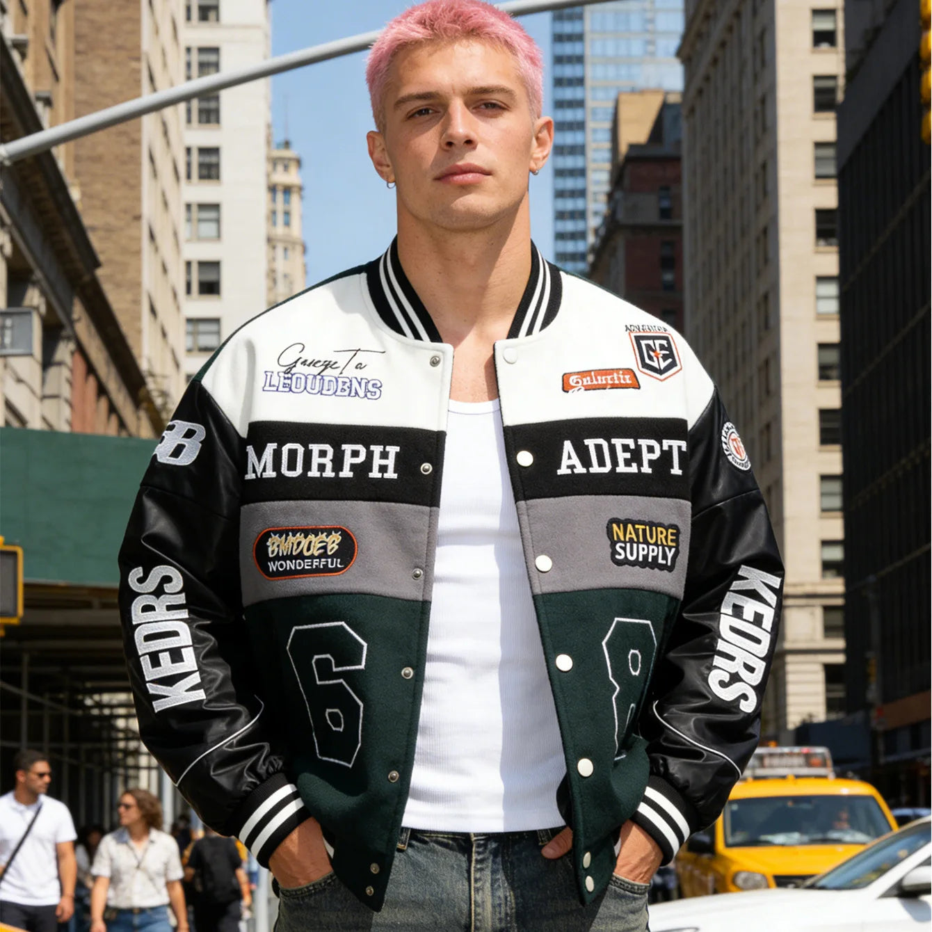 American Retro Racing Jacket Men's Biker Sleeve PU Leather Color Block Workwear Windproof Casual Loose Fit Long Sleeve Coat