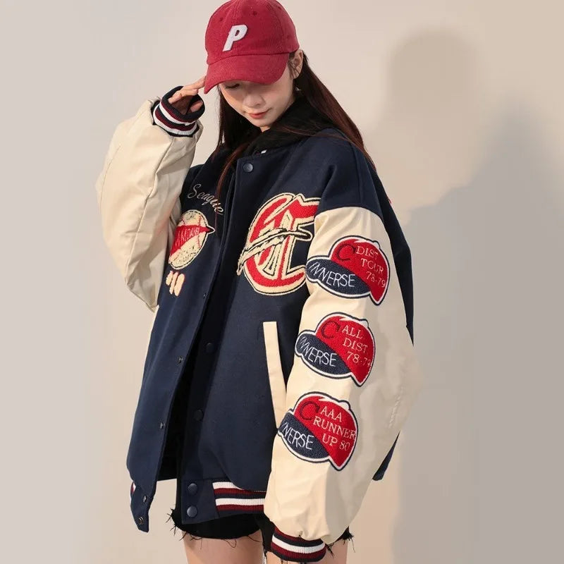 American Retro Letter Flocking Embroidered Baseball Uniform Female Y2K Punk Street Motorcycle Harajuku Wind Student Loose Coats